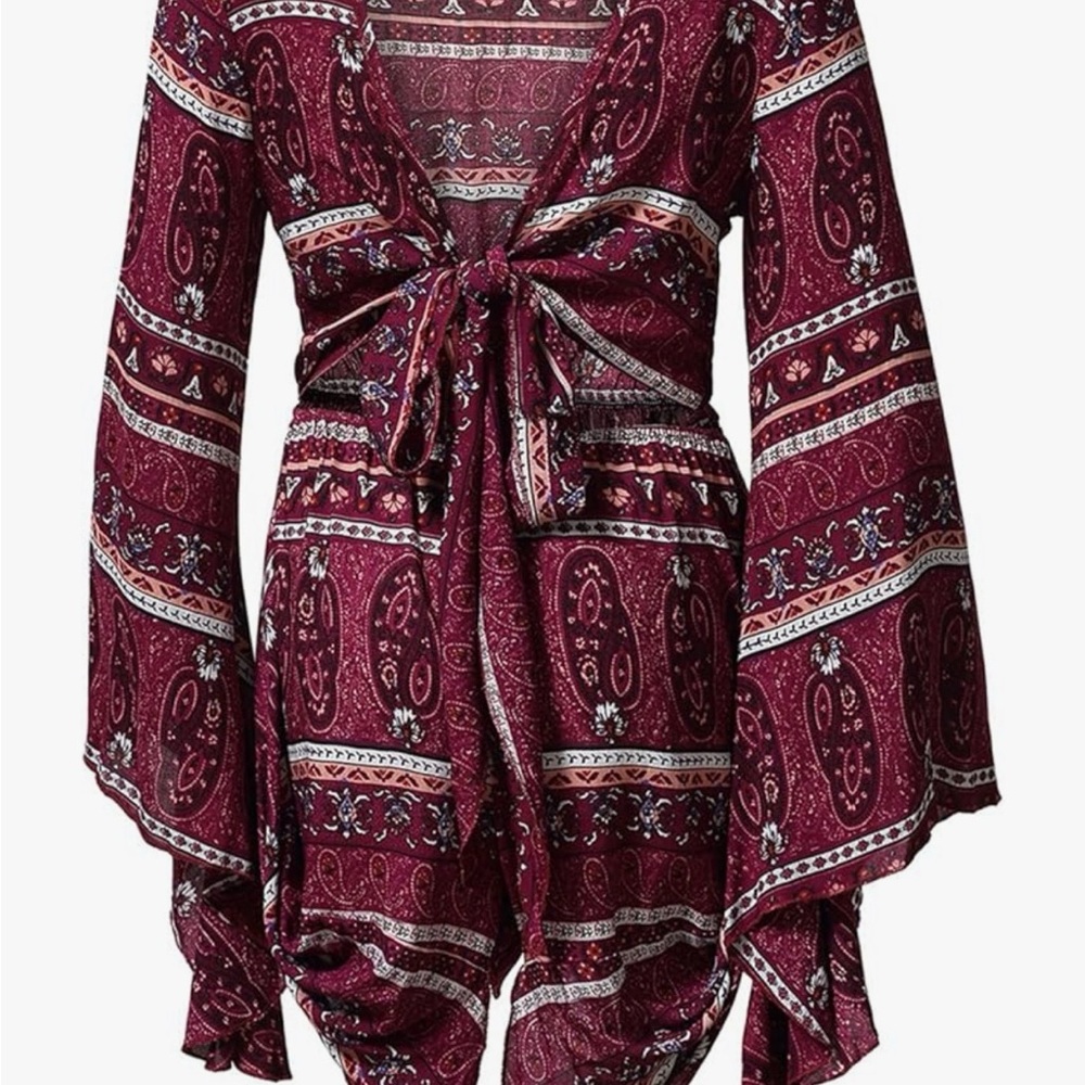 Women Other Burgundy Tie-Front Boho Romper